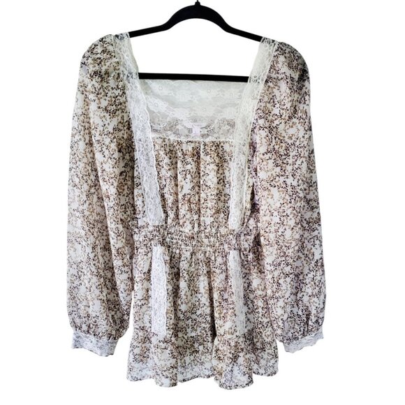 Candie's Cottagecore Floral Lace Trim Balloon Sleeve Semi sheer Peplum waist L - Picture 5 of 16